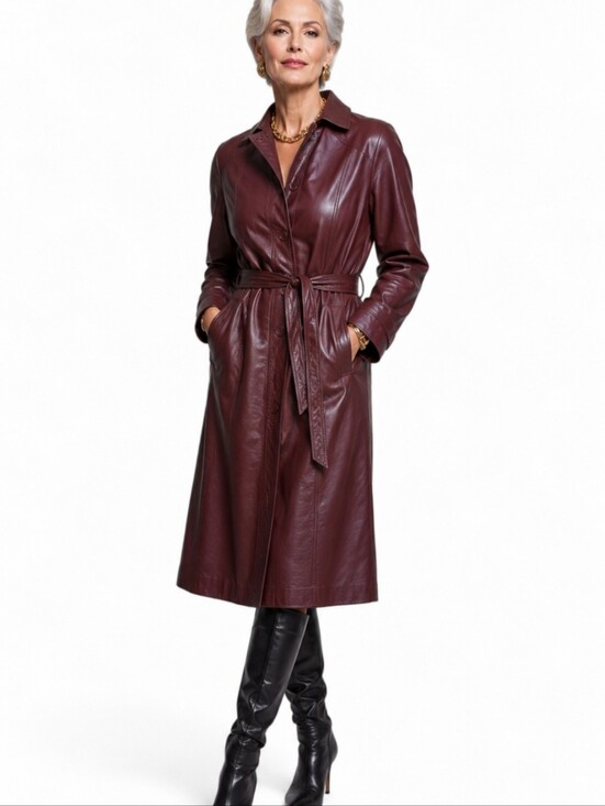 Vintage Jackets & Blazers - Vtg 70s Suburban Heritage Burgundy oxblood Leather Chic Trench Coat Tie Belt